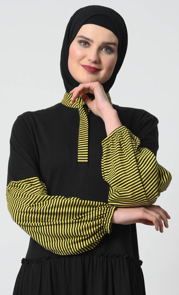 Chic Cotton Jersey Abaya with Stand Collar and Gathered Waist - EastEssence.com