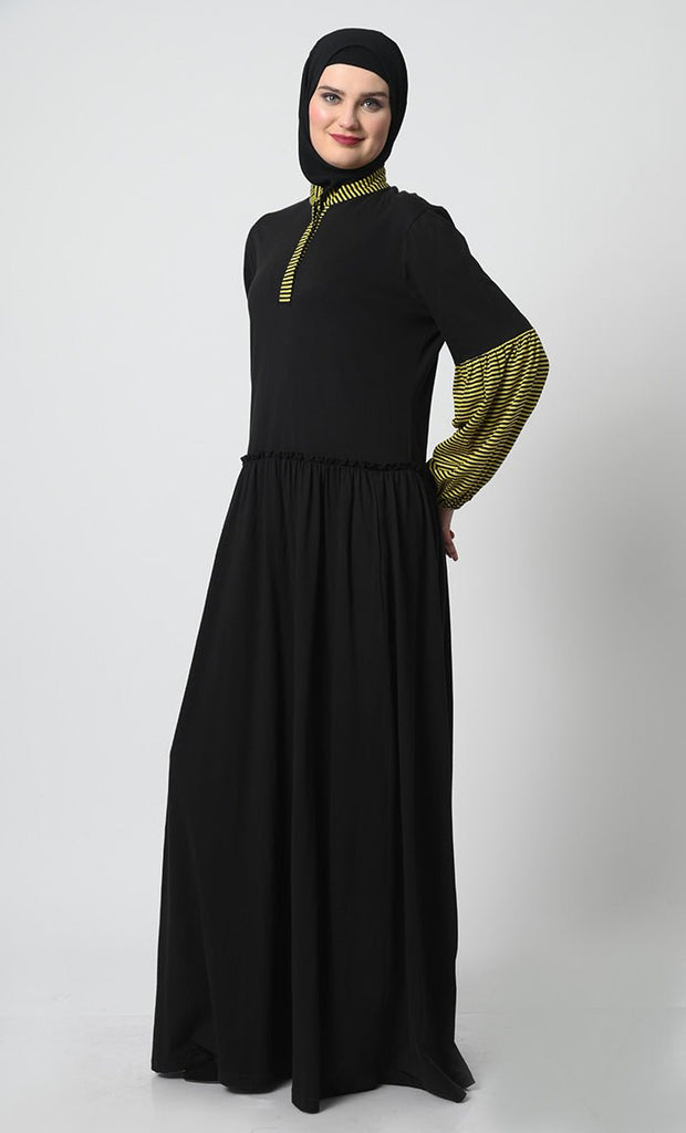 Chic Cotton Jersey Abaya with Stand Collar and Gathered Waist - EastEssence.com