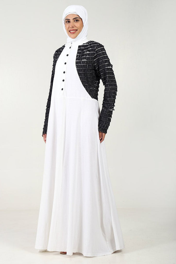 Chic Cotton Jersey Flared Abaya with Contrast Frill Detailing - EastEssence.com