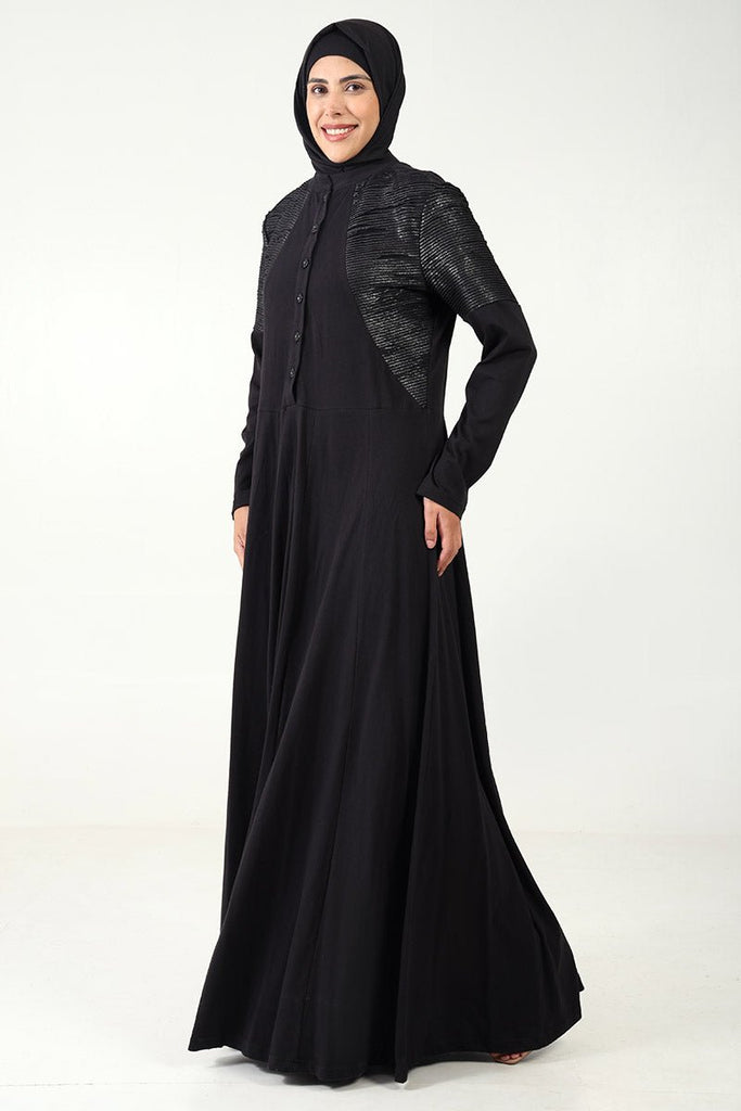 Chic Cotton Jersey Flared Abaya with Contrast Frill Detailing - Black - EastEssence.com