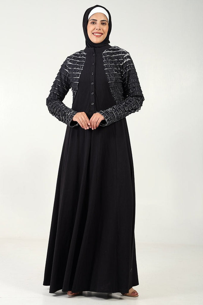 Chic Cotton Jersey Flared Abaya with Contrast Frill Detailing - Black - EastEssence.com