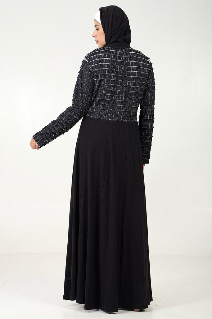 Chic Cotton Jersey Flared Abaya with Contrast Frill Detailing - Black - EastEssence.com