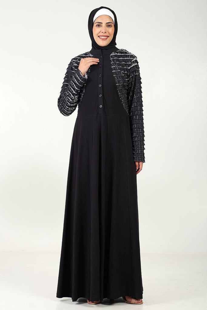 Chic Cotton Jersey Flared Abaya with Contrast Frill Detailing - Black - EastEssence.com