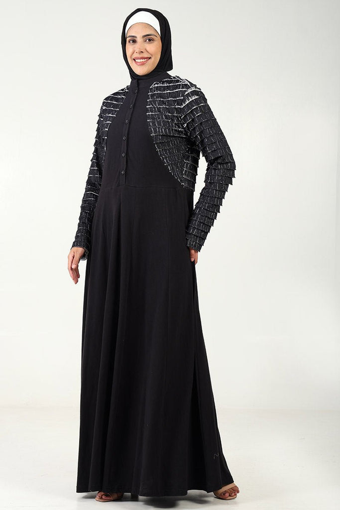 Chic Cotton Jersey Flared Abaya with Contrast Frill Detailing - Black - EastEssence.com