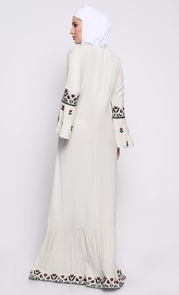 Chic Embroidered A - Line Abaya with Flounce Sleeves and Frilled Hem - EastEssence.com