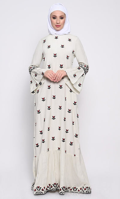 Chic Embroidered A - Line Abaya with Flounce Sleeves and Frilled Hem - EastEssence.com