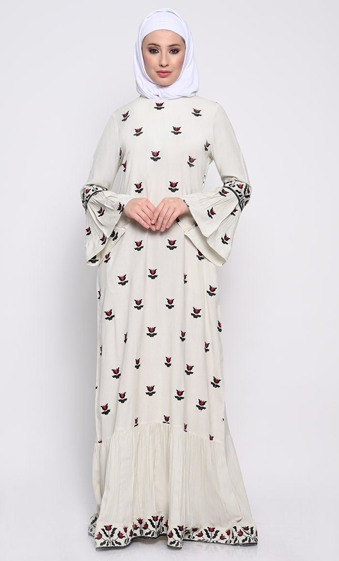 Chic Embroidered A - Line Abaya with Flounce Sleeves and Frilled Hem - EastEssence.com