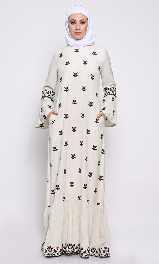 Chic Embroidered A - Line Abaya with Flounce Sleeves and Frilled Hem - EastEssence.com