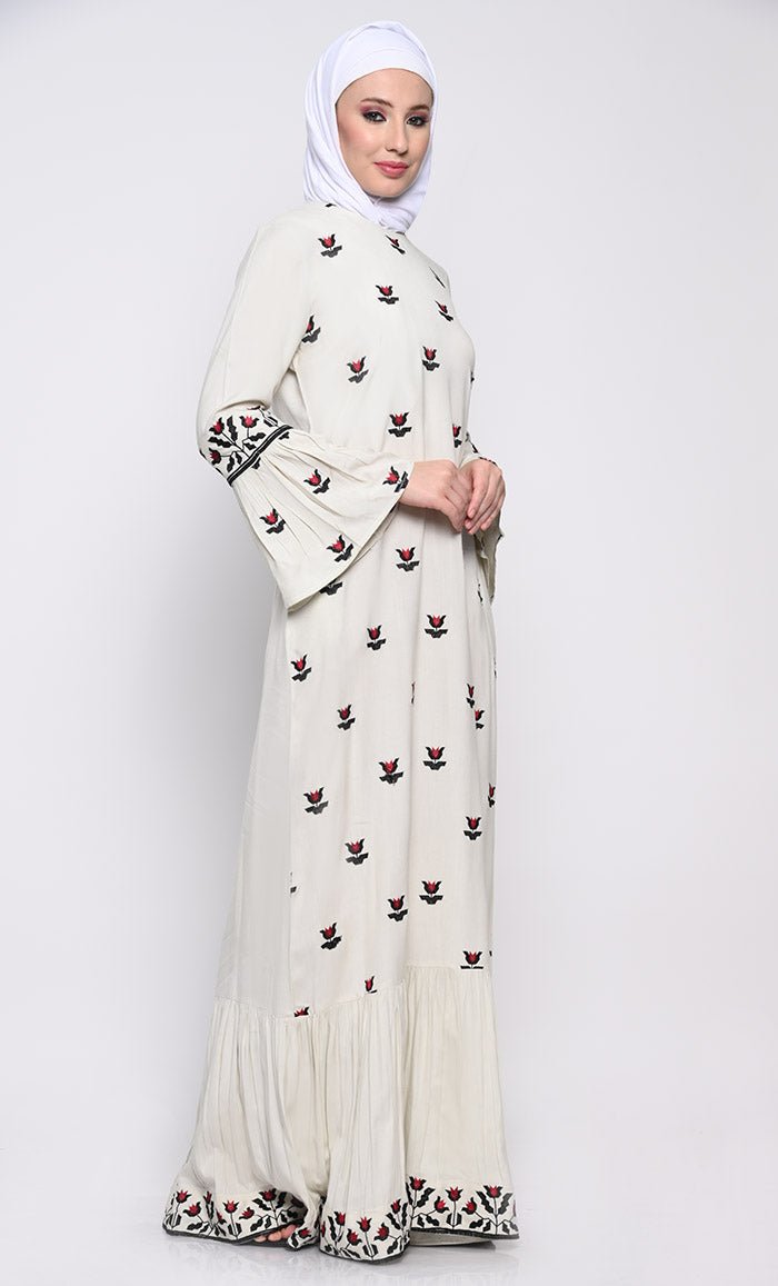 Chic Embroidered A - Line Abaya with Flounce Sleeves and Frilled Hem - EastEssence.com