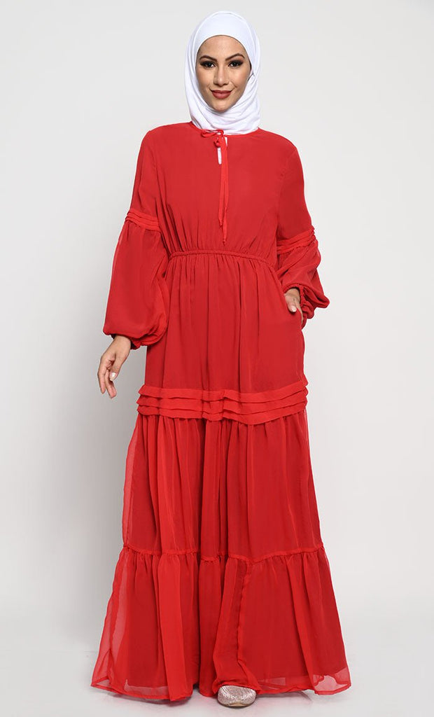 Chic Georgette Layered Abaya with Pintex Bishop Sleeves and Crepe Lining - EastEssence.com