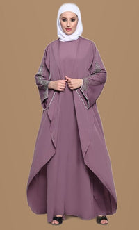 Chic Layered Crepe Abaya with Embroidered Bell Sleeves - EastEssence.com