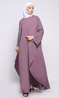 Chic Layered Crepe Abaya with Embroidered Bell Sleeves and Sleeveless Inner - EastEssence.com