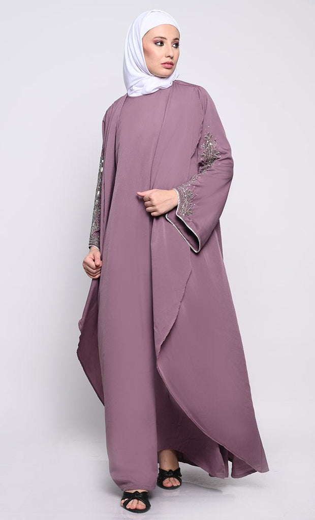 Chic Layered Crepe Abaya with Embroidered Bell Sleeves and Sleeveless Inner - EastEssence.com