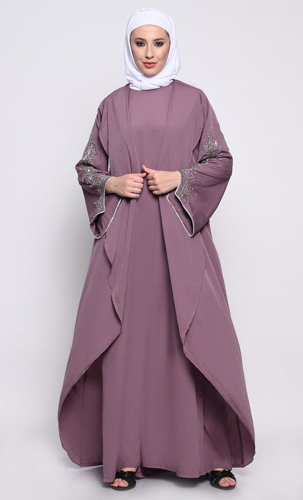 Chic Layered Crepe Abaya with Embroidered Bell Sleeves and Sleeveless Inner - EastEssence.com