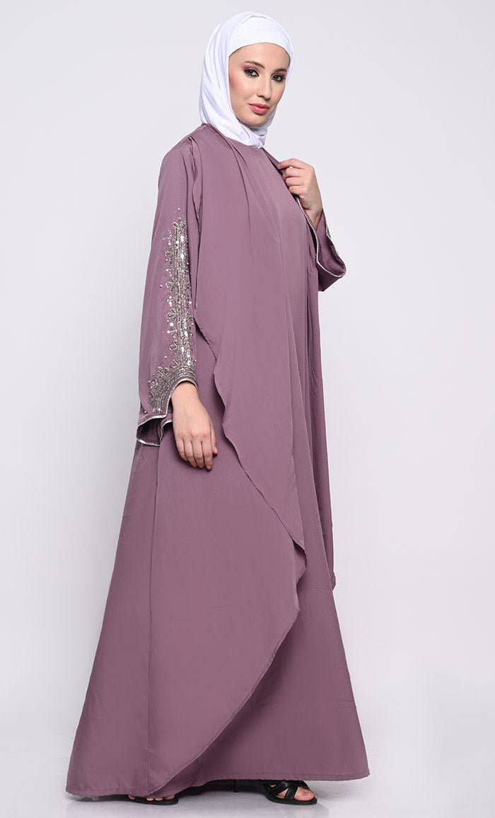 Chic Layered Crepe Abaya with Embroidered Bell Sleeves and Sleeveless Inner - EastEssence.com