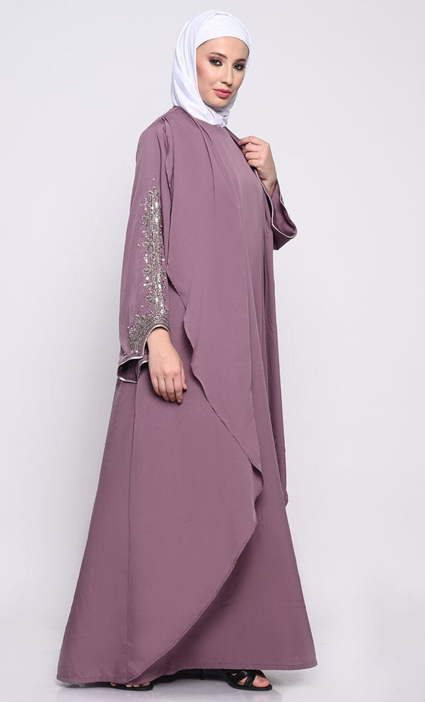 Chic Layered Crepe Abaya with Embroidered Bell Sleeves and Sleeveless Inner - EastEssence.com