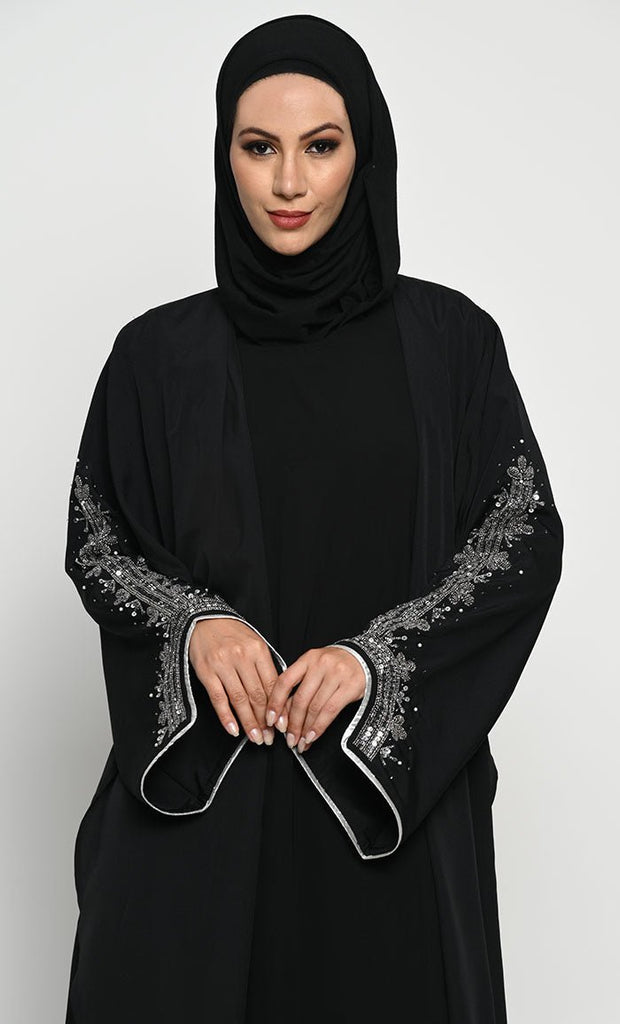 Chic Layered Crepe Abaya with Embroidered Bell Sleeves and Sleeveless Inner - EastEssence.com