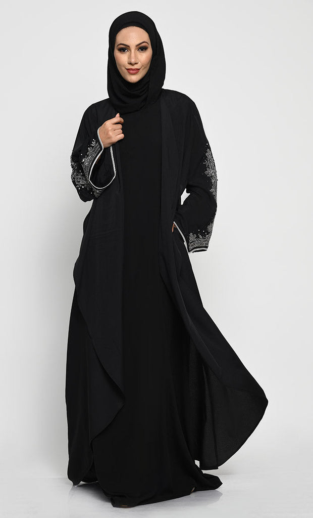 Chic Layered Crepe Abaya with Embroidered Bell Sleeves and Sleeveless Inner - EastEssence.com