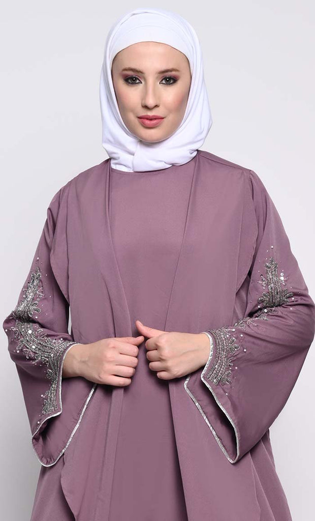 Chic Layered Crepe Abaya with Embroidered Bell Sleeves and Sleeveless Inner - EastEssence.com