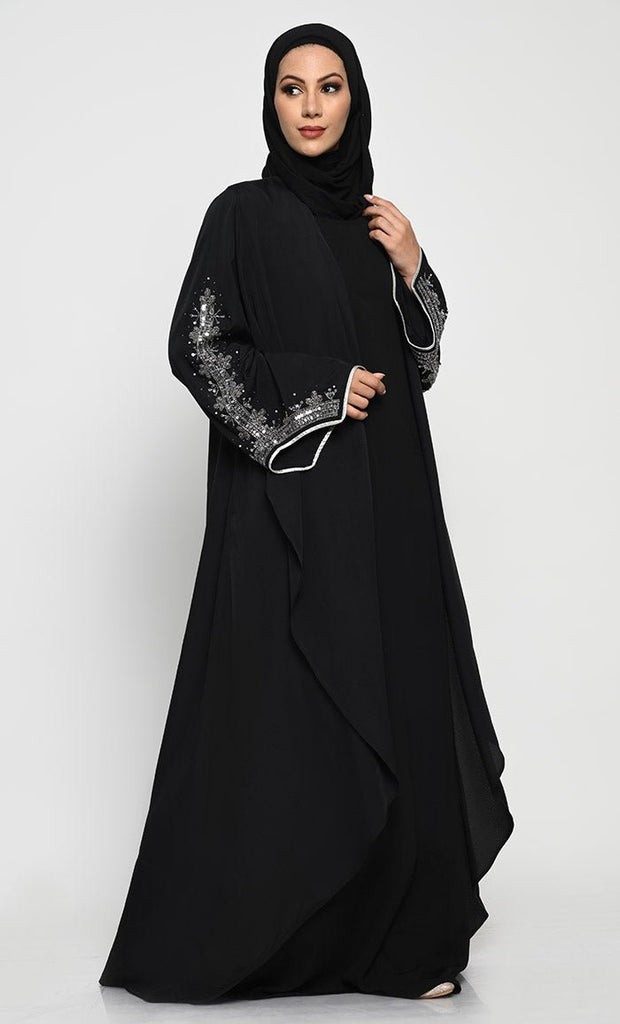 Chic Layered Crepe Abaya with Embroidered Bell Sleeves and Sleeveless Inner - EastEssence.com