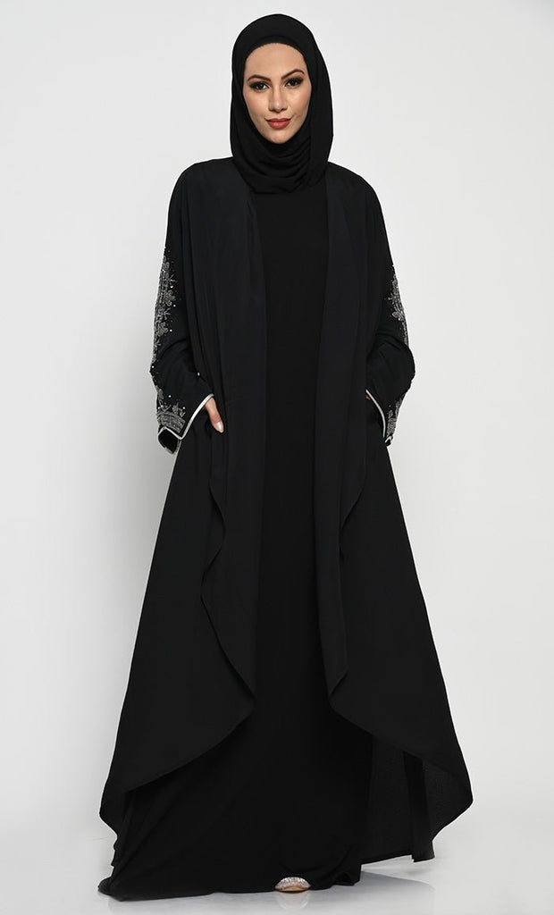 Chic Layered Crepe Abaya with Embroidered Bell Sleeves and Sleeveless Inner - EastEssence.com