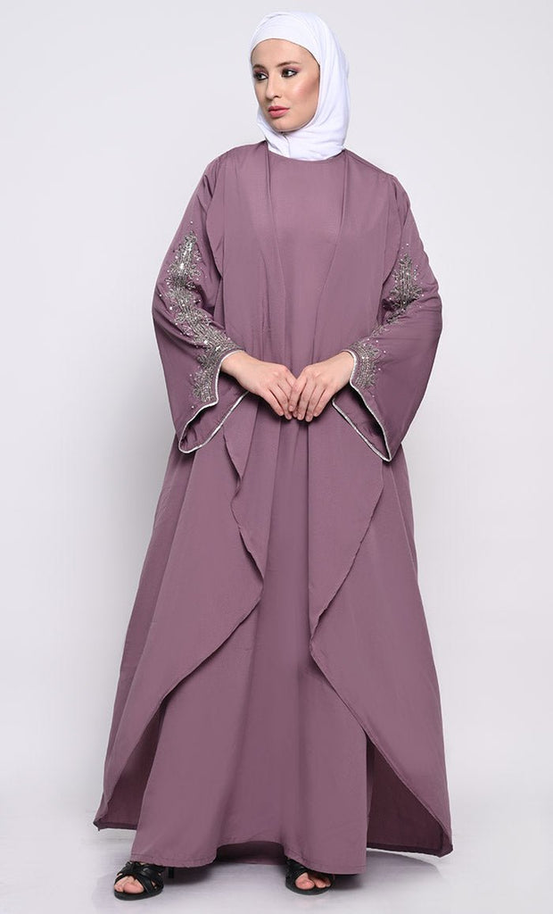 Chic Layered Crepe Abaya with Embroidered Bell Sleeves and Sleeveless Inner - EastEssence.com