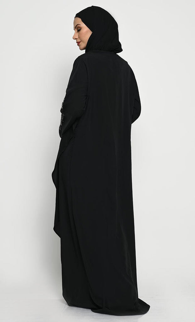 Chic Layered Crepe Abaya with Embroidered Bell Sleeves and Sleeveless Inner - EastEssence.com