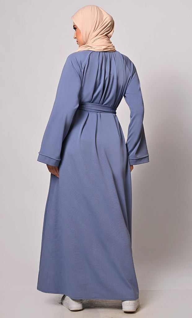 Chic Pleats and Belt: Blue Abaya with Pockets - Final Sale - EastEssence.com