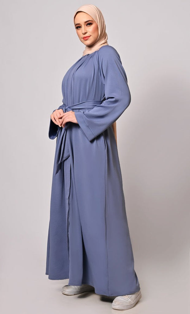 Chic Pleats and Belt: Blue Abaya with Pockets - Final Sale - EastEssence.com