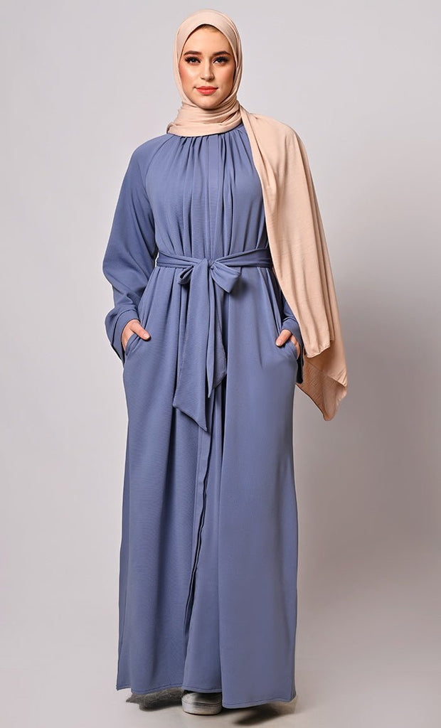 Chic Pleats and Belt: Grey Abaya with Pockets - EastEssence.com