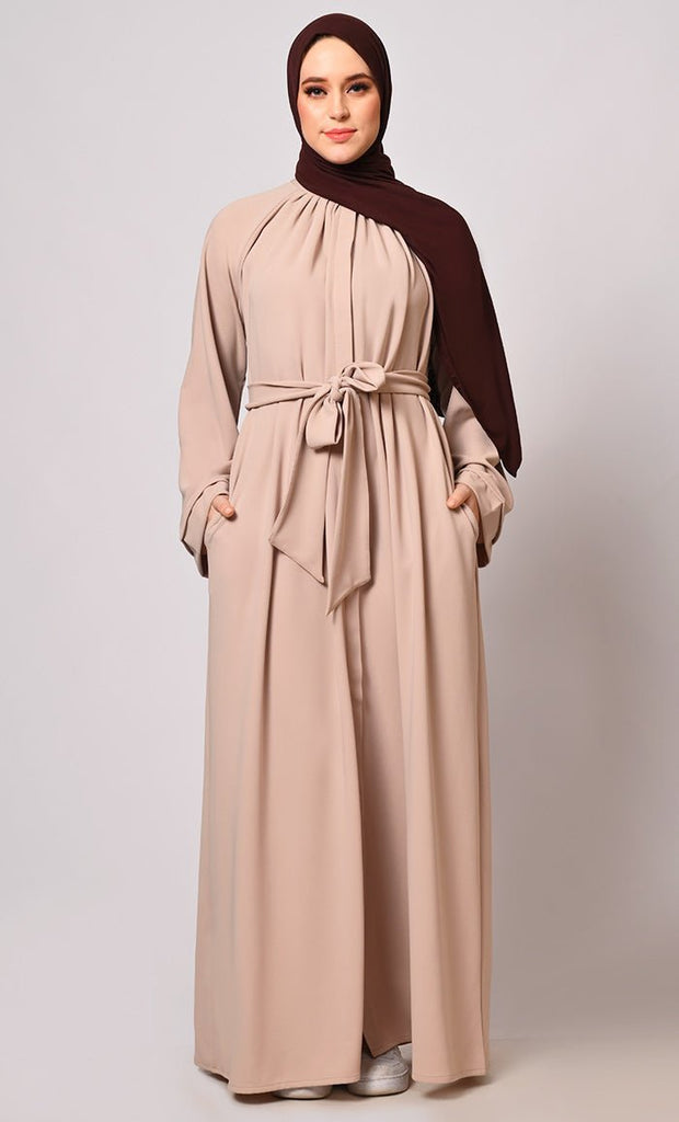 Chic Pleats and Belt: Sand Abaya with Pockets - Final Sale - EastEssence.com