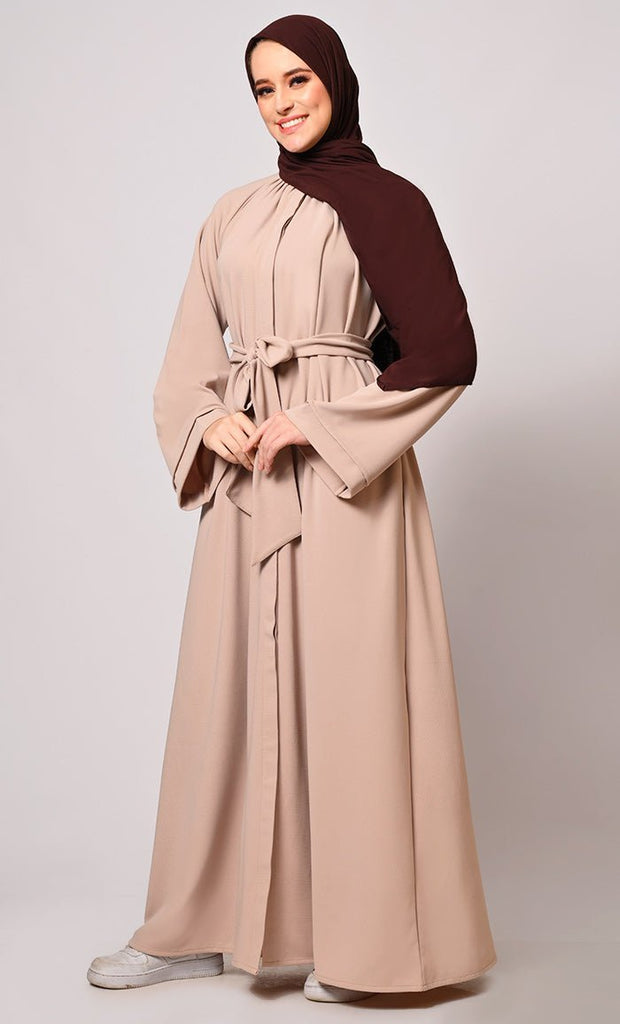 Chic Pleats and Belt: Sand Abaya with Pockets - Final Sale - EastEssence.com