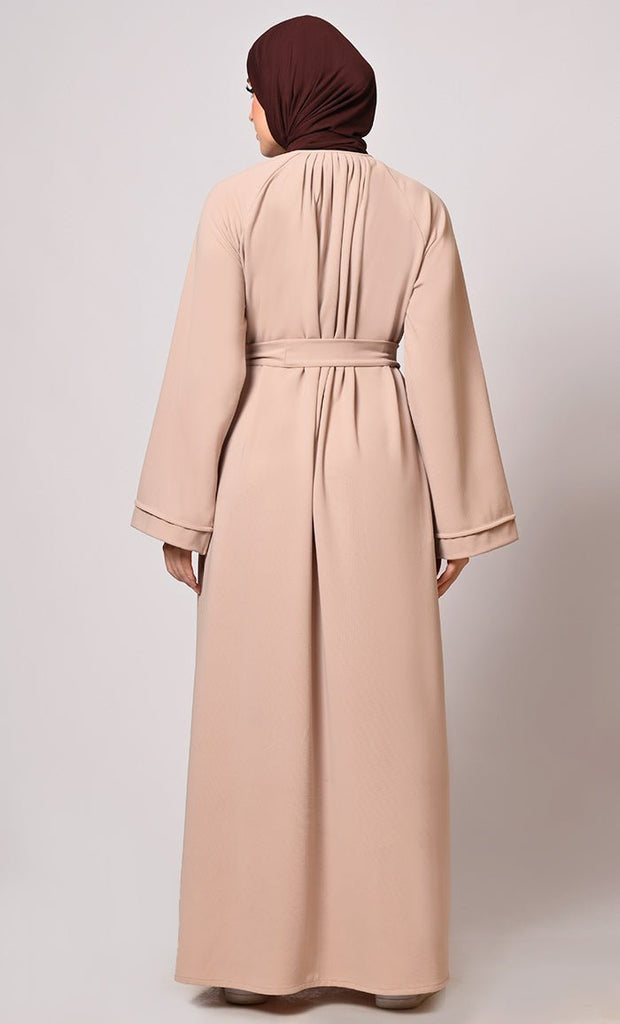 Chic Pleats and Belt: Sand Abaya with Pockets - Final Sale - EastEssence.com