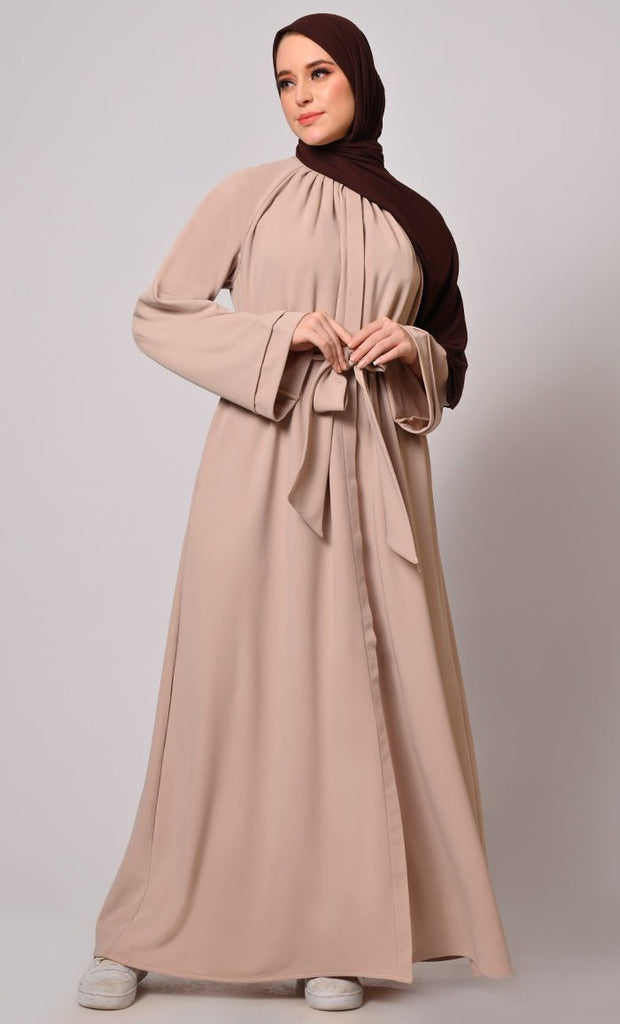 Chic Pleats and Belt: Sand Abaya with Pockets - Final Sale - EastEssence.com