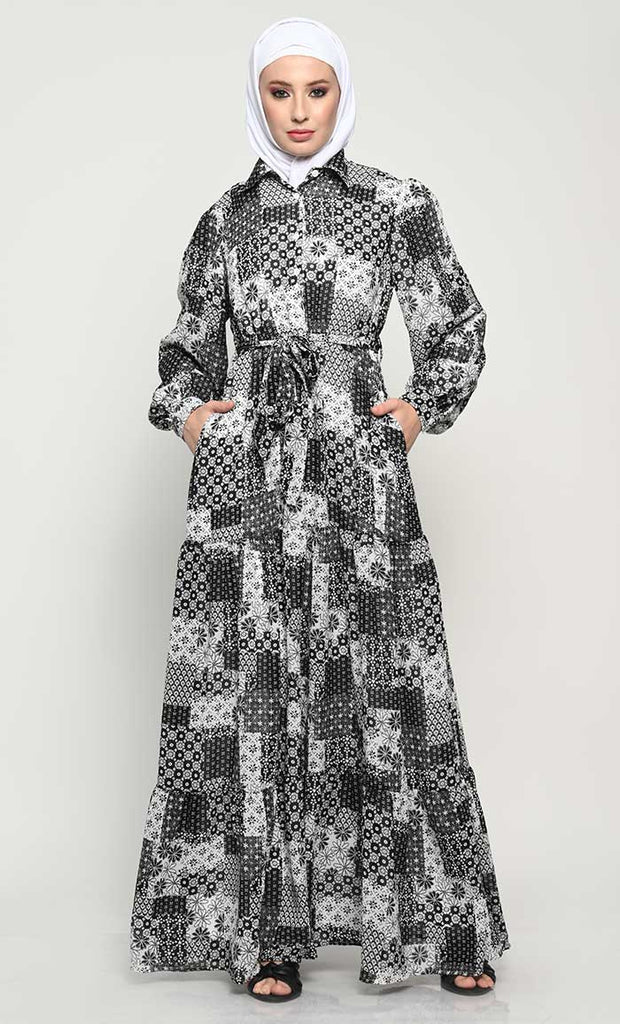 Chic Printed Georgette Abaya with Adjustable Belt and Flared Style - EastEssence.com