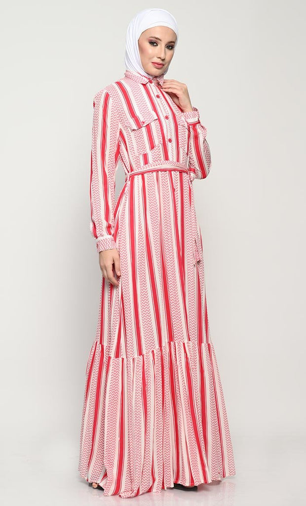 Chic Printed Rayon Fabric Abaya with Adjustable Belt and Pleated Panel - EastEssence.com