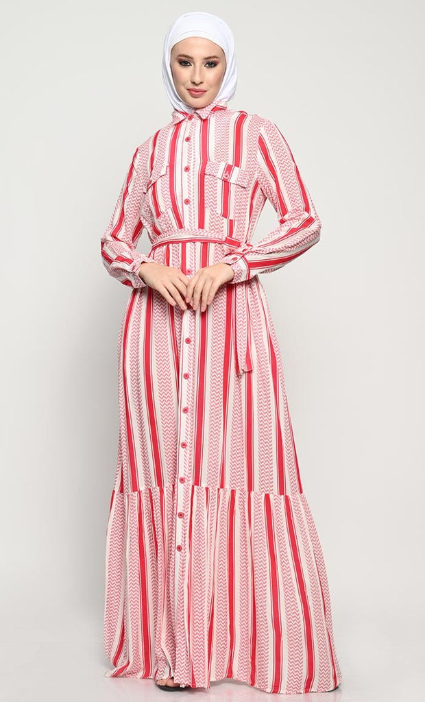 Chic Printed Rayon Fabric Abaya with Adjustable Belt and Pleated Panel - EastEssence.com