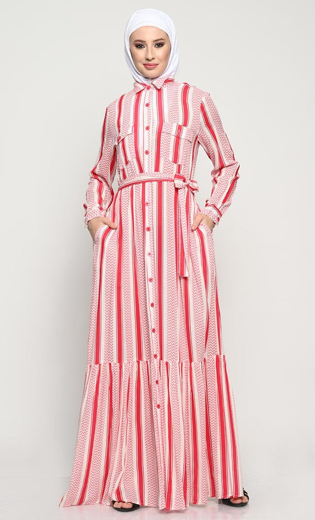 Chic Printed Rayon Fabric Abaya with Adjustable Belt and Pleated Panel - EastEssence.com