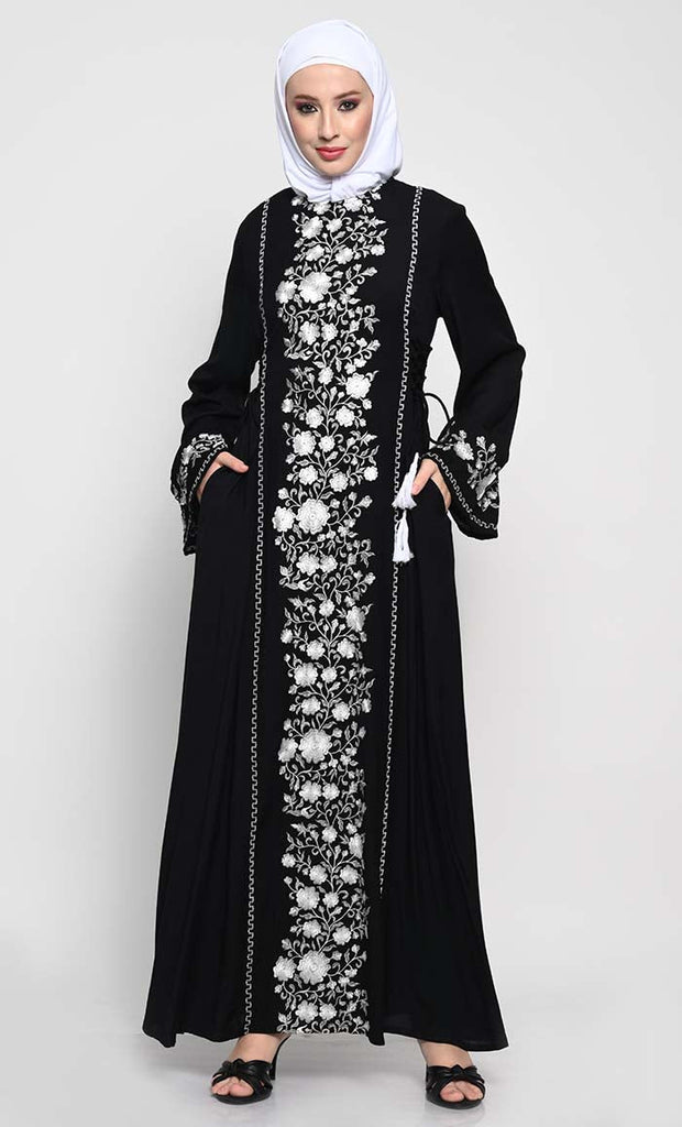 Chic Rayon A - Line Abaya with Contrast Floral Embroidery and Bell Sleeves - EastEssence.com