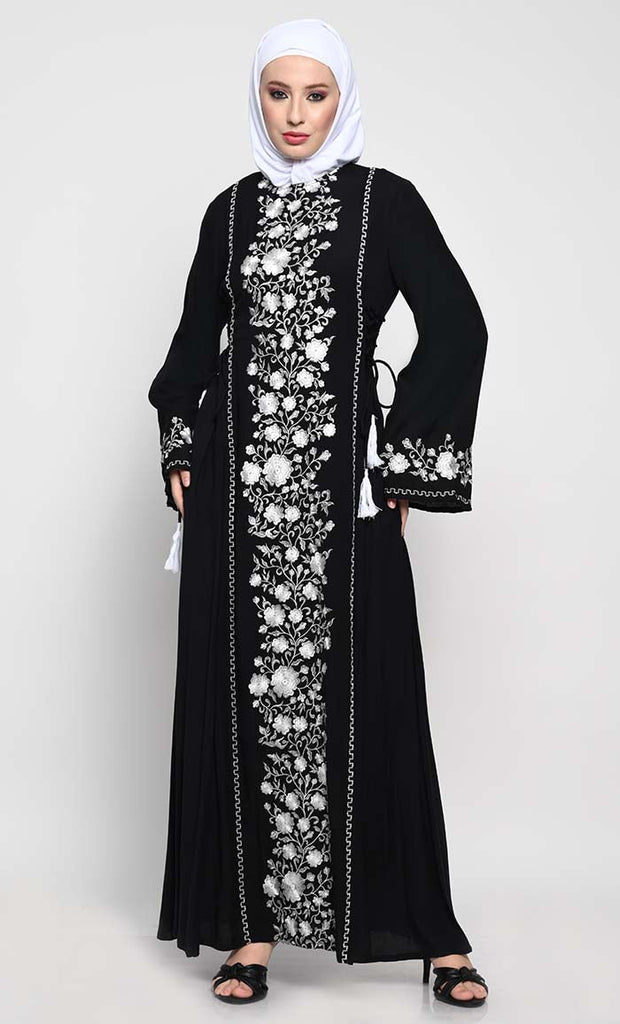 Chic Rayon A - Line Abaya with Contrast Floral Embroidery and Bell Sleeves - EastEssence.com