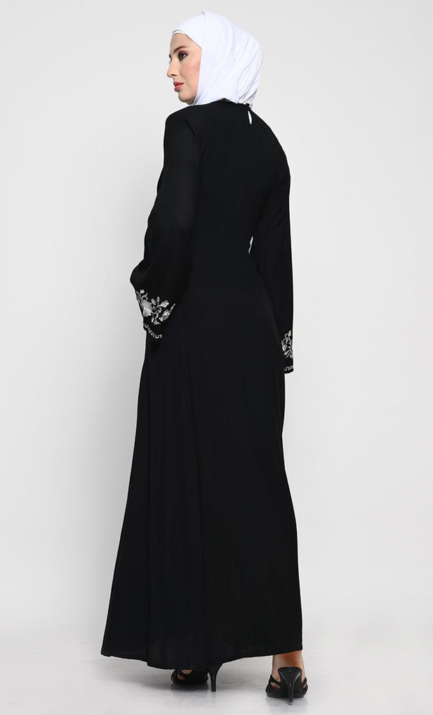 Chic Rayon A - Line Abaya with Contrast Floral Embroidery and Bell Sleeves - EastEssence.com