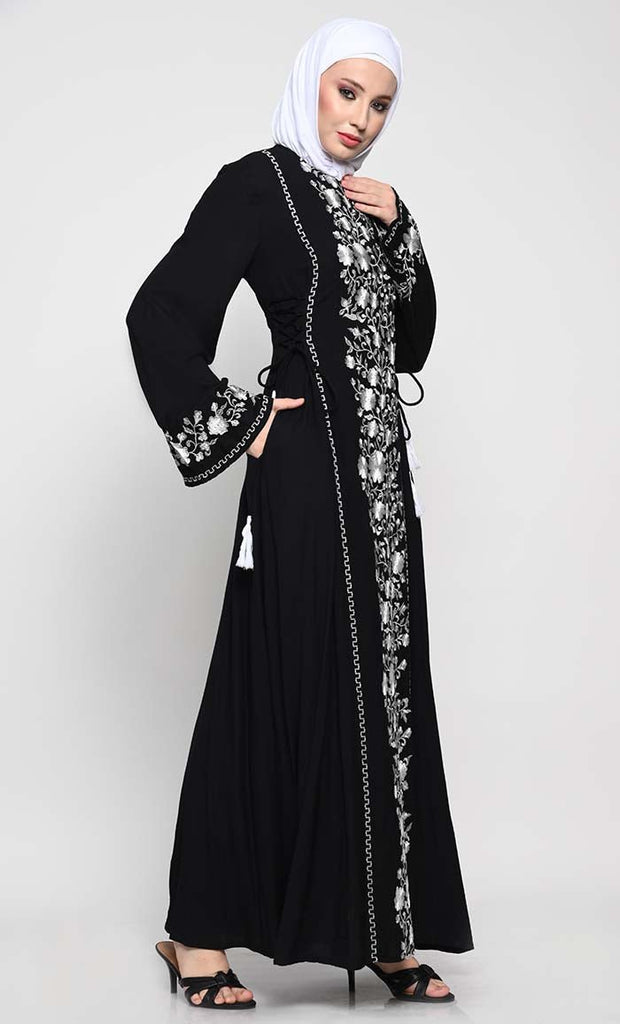 Chic Rayon A - Line Abaya with Contrast Floral Embroidery and Bell Sleeves - EastEssence.com