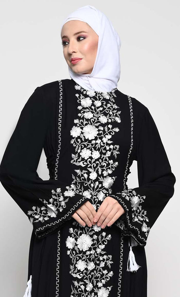 Chic Rayon A - Line Abaya with Contrast Floral Embroidery and Bell Sleeves - EastEssence.com