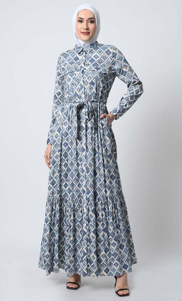 Chic Rayon Button - Down Flared Abaya with Adjustable Belt - EastEssence.com