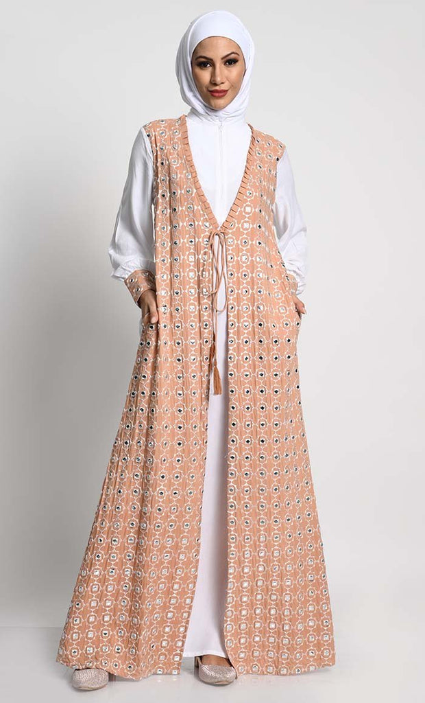 Chic Rayon Double - Layer Abaya with Embroidered Cuffs and Tassel Accents - EastEssence.com