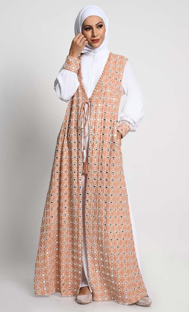 Chic Rayon Double - Layer Abaya with Embroidered Cuffs and Tassel Accents - EastEssence.com