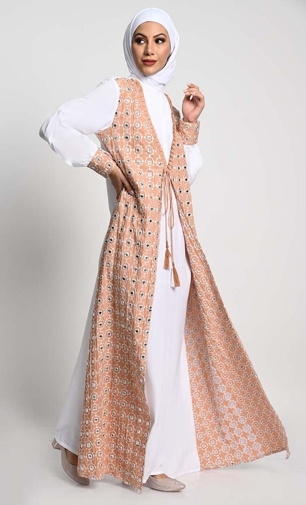 Chic Rayon Double - Layer Abaya with Embroidered Cuffs and Tassel Accents - EastEssence.com