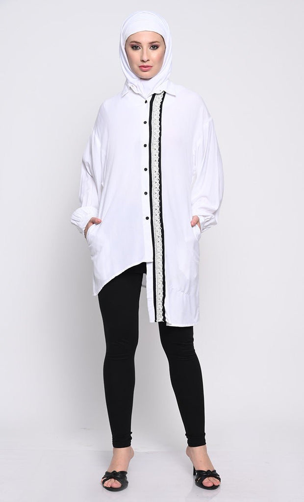 Chic Rayon Fabric Tunic with Asymmetric Hem and Lace Detailing - EastEssence.com