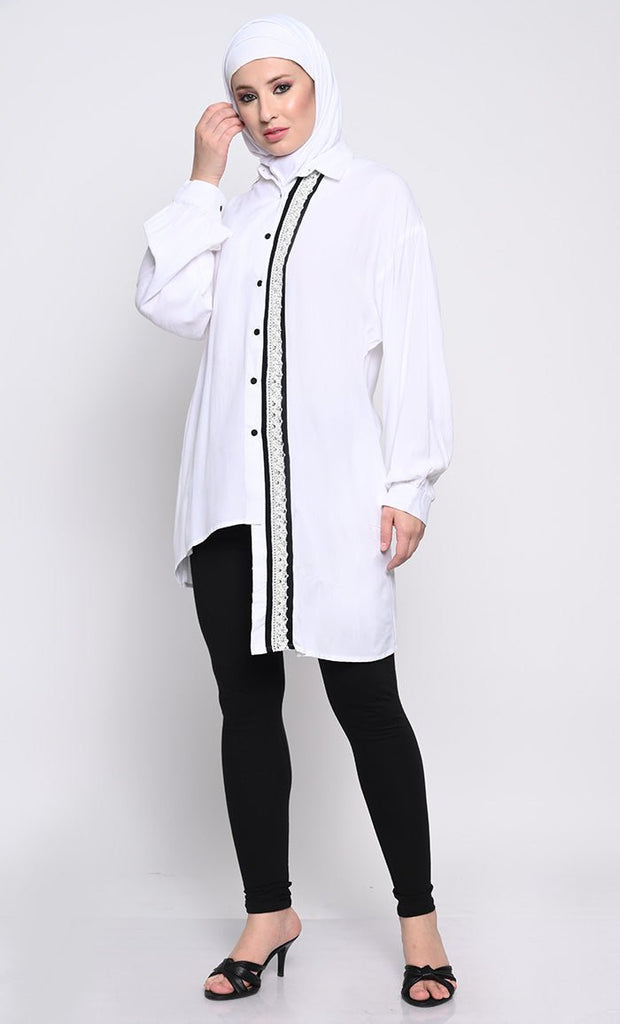 Chic Rayon Fabric Tunic with Asymmetric Hem and Lace Detailing - EastEssence.com