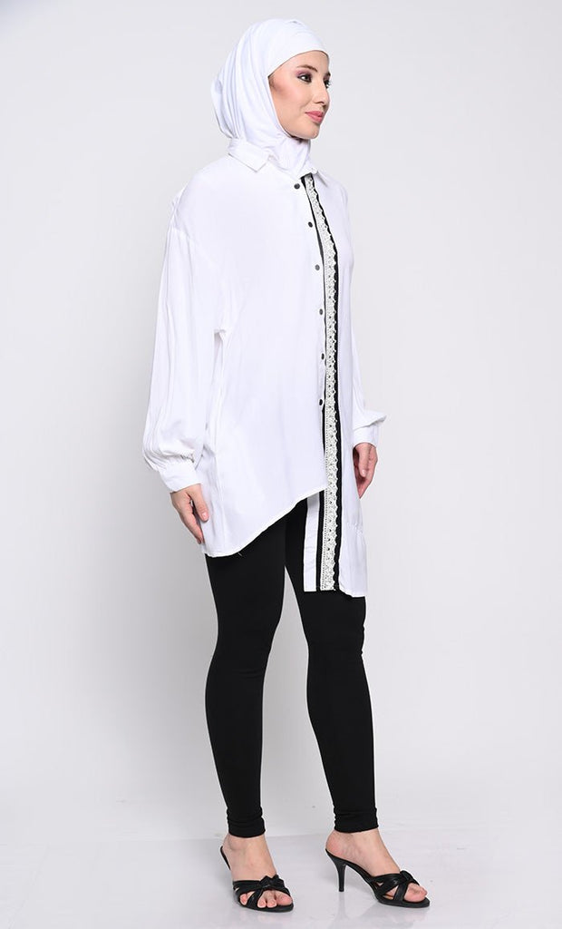 Chic Rayon Fabric Tunic with Asymmetric Hem and Lace Detailing - EastEssence.com